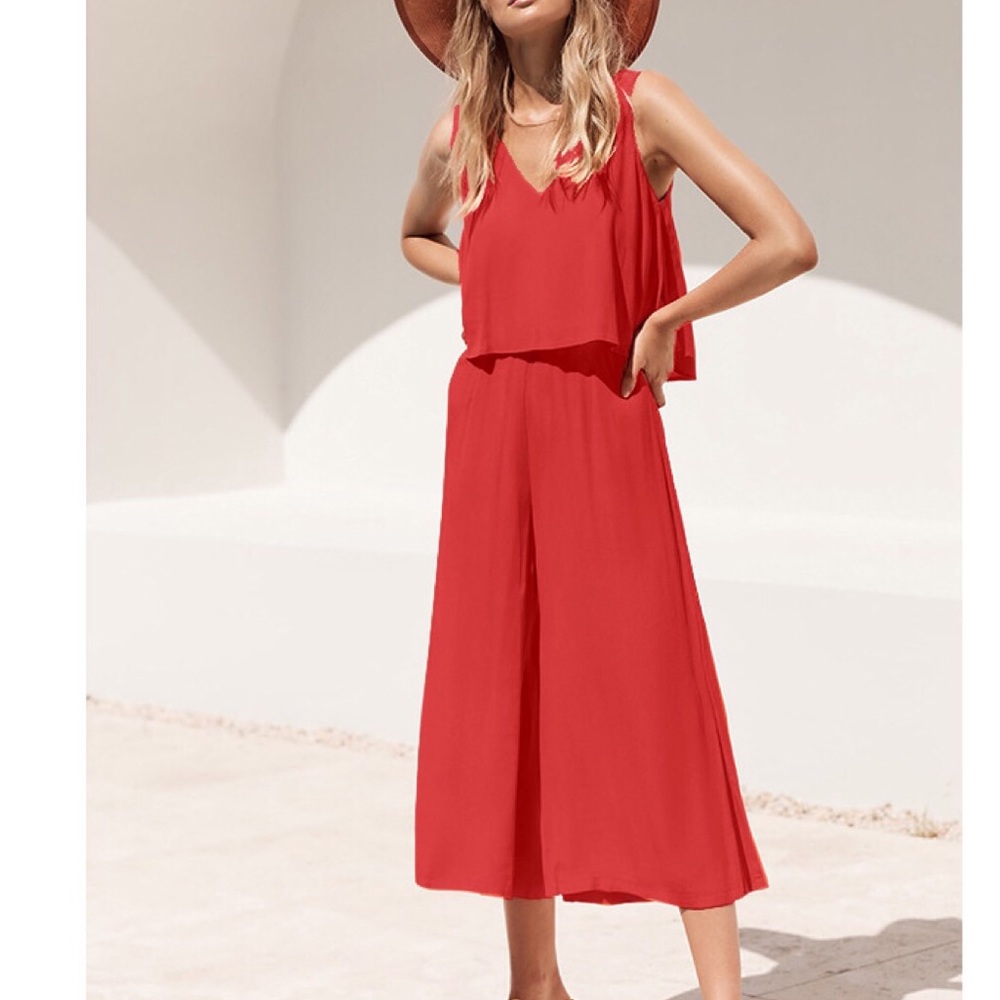 Endless Summer Red V Neck Jumpsuit - Picture 4 of 5